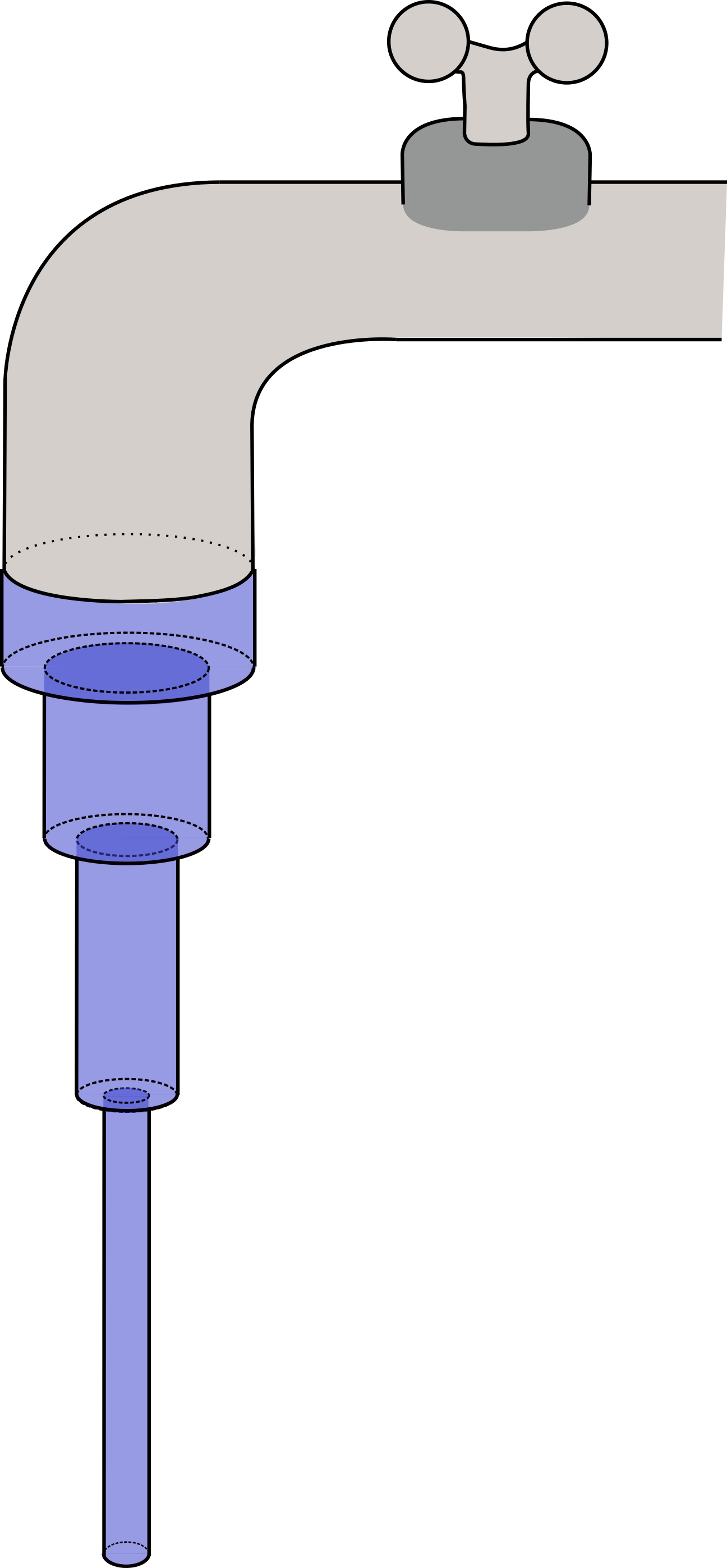 Kaavakuva aukinaisesta vesihanasta. Hanasta valuva vesi on esitetty sylintereinä, jotka kapenevat sitä mukaa, mitä kauemmaksi ne ovat hanasta pudonneet.